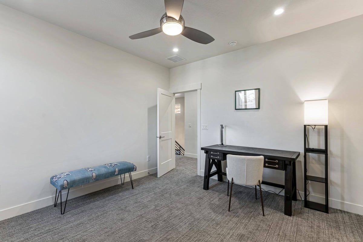 Simple Home Office with Gray Carpet in Remodeled Utah Home