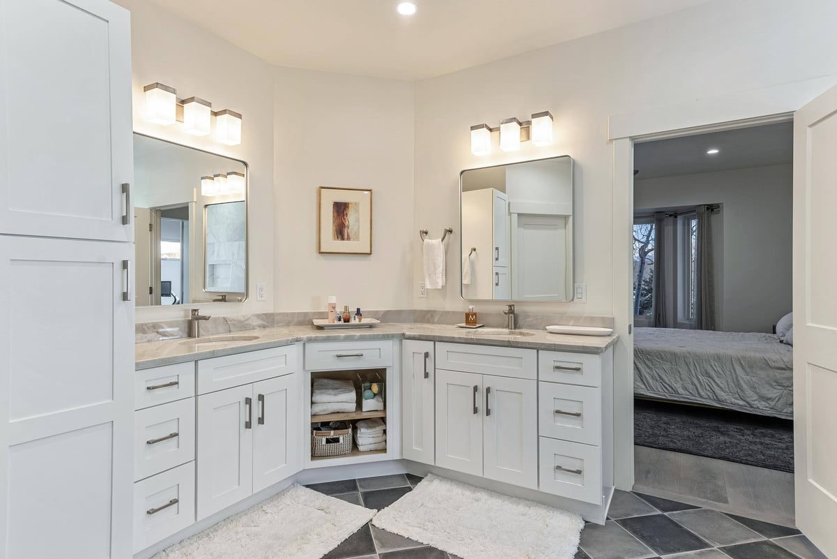 View From Master Bathroom of Jack and Jill Sinks into Master Bedroom in Remodeled Utah Home